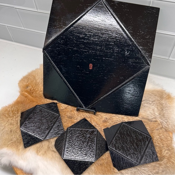 Japanese Lacquered Wood Serving Tray Makie Leaves Vtg Plate Square Black C1970 - Picture 3 of 8